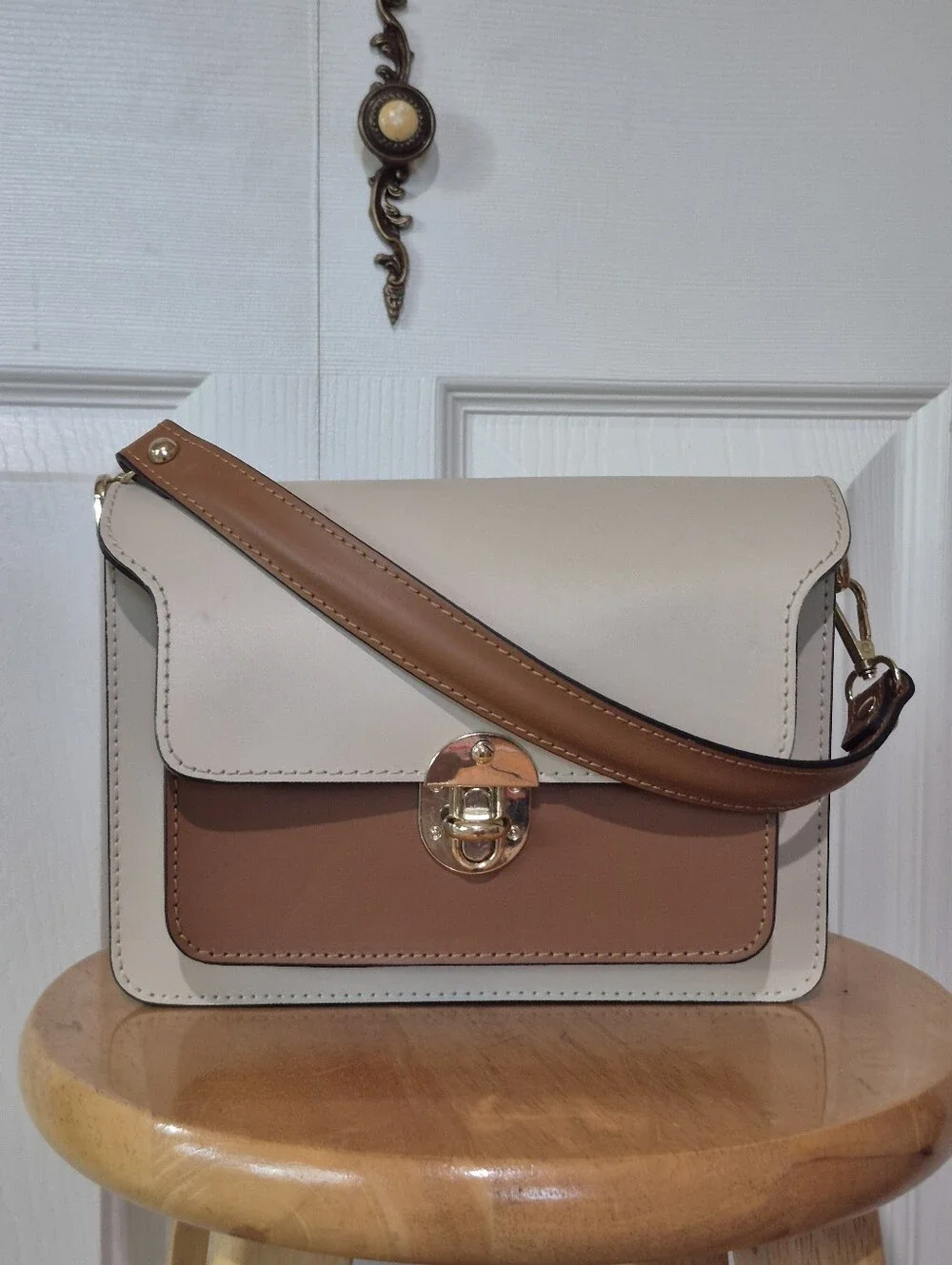 Isadora Italian Leather Satchel With Crossbody Stap Cream And Brown